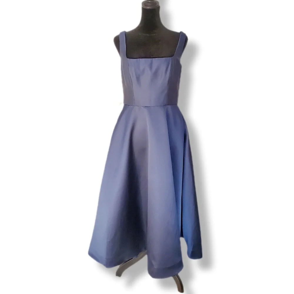 Dessy Collection Square Neck Satin Twill Midi Dress Full Skirt & Pockets Sz 6 - Picture 1 of 13